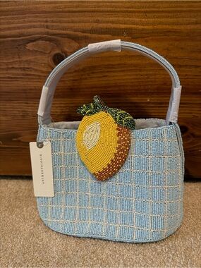 Anthropologie Beaded Blue Shoulder Bag with Lemon Accent and White patchwork